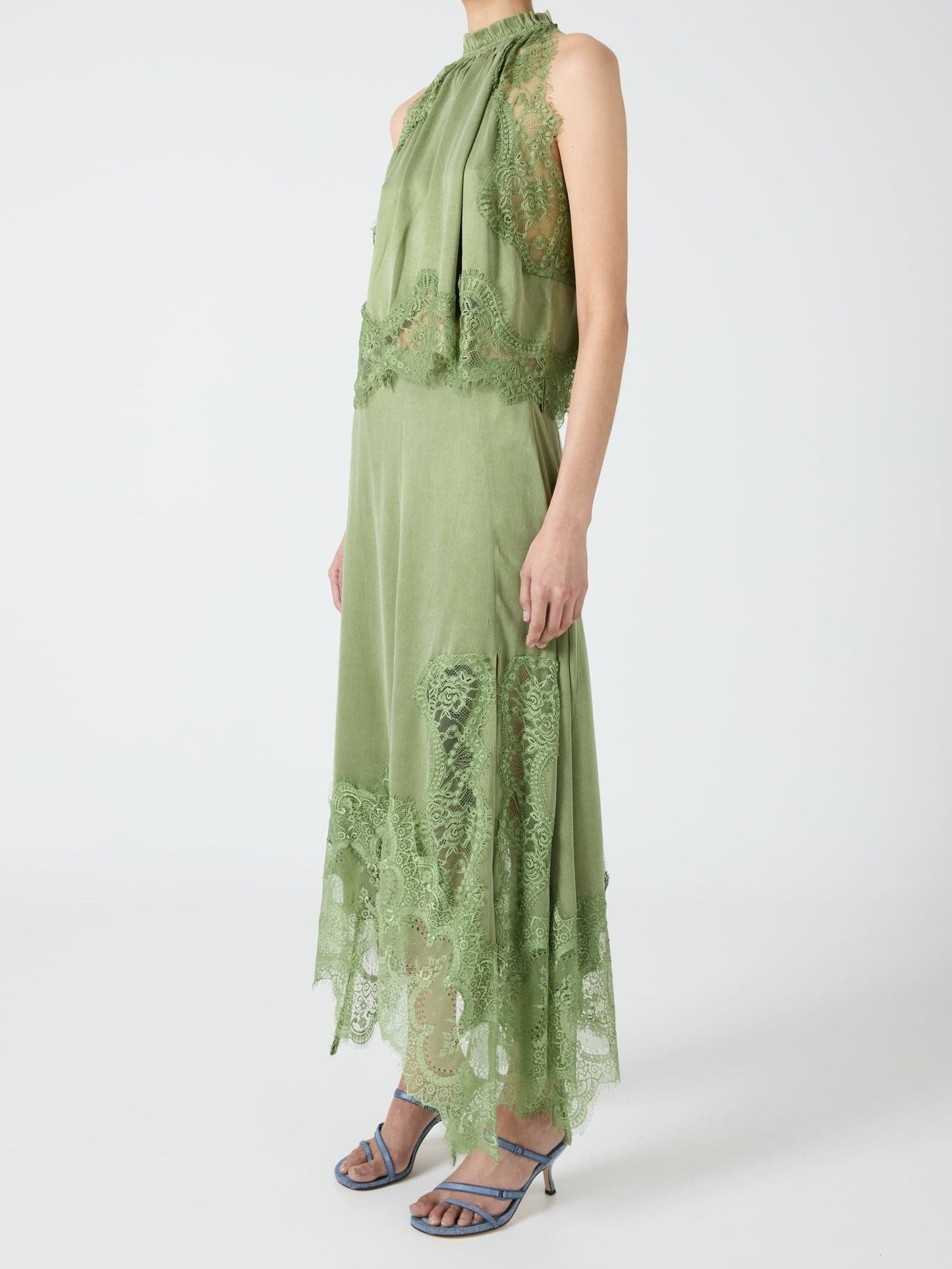 Satin Lace Trim Pleated Neck Top And A-line Irregular Slit Skirt Set