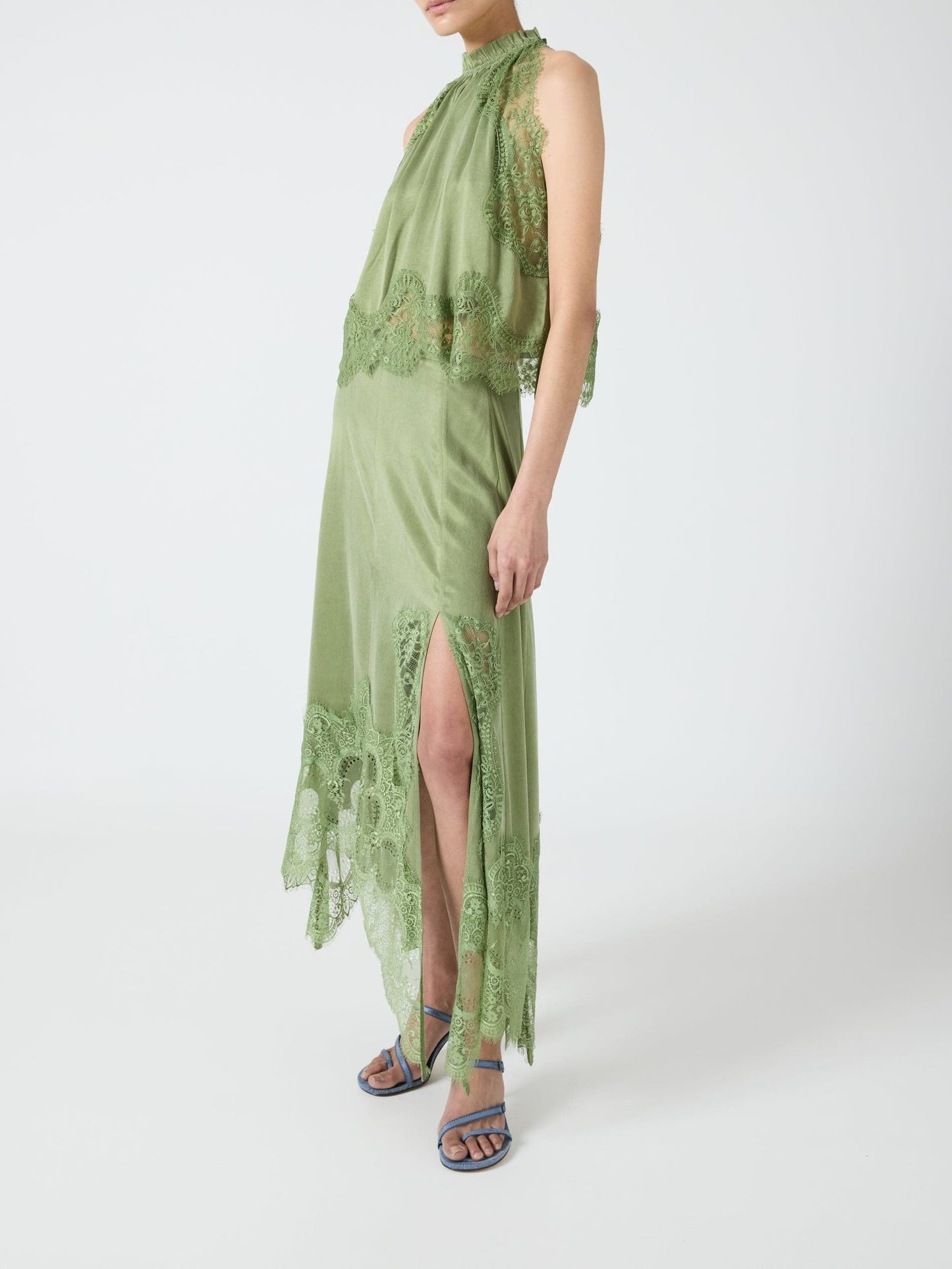 Satin Lace Trim Pleated Neck Top And A-line Irregular Slit Skirt Set
