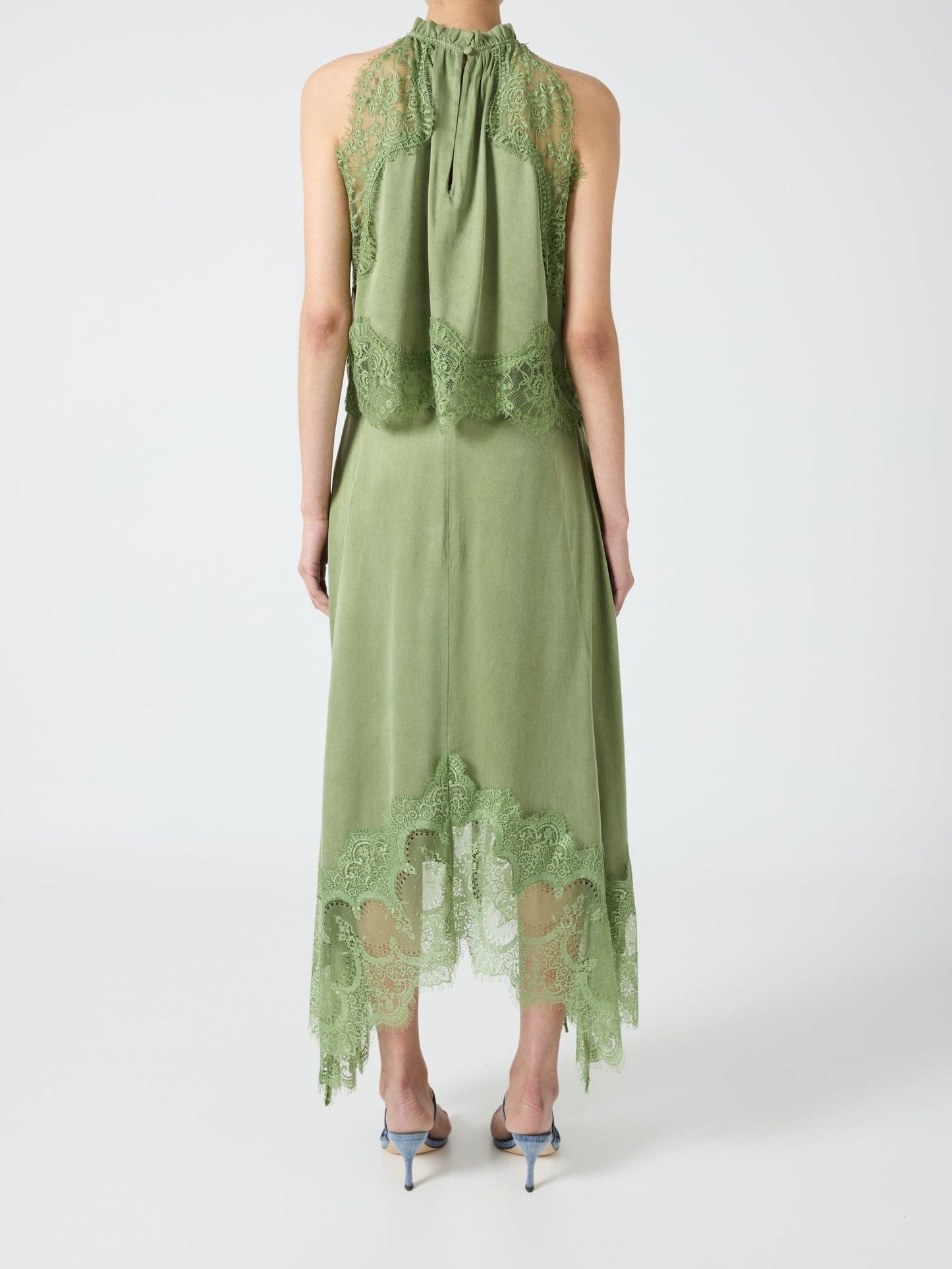 Satin Lace Trim Pleated Neck Top And A-line Irregular Slit Skirt Set