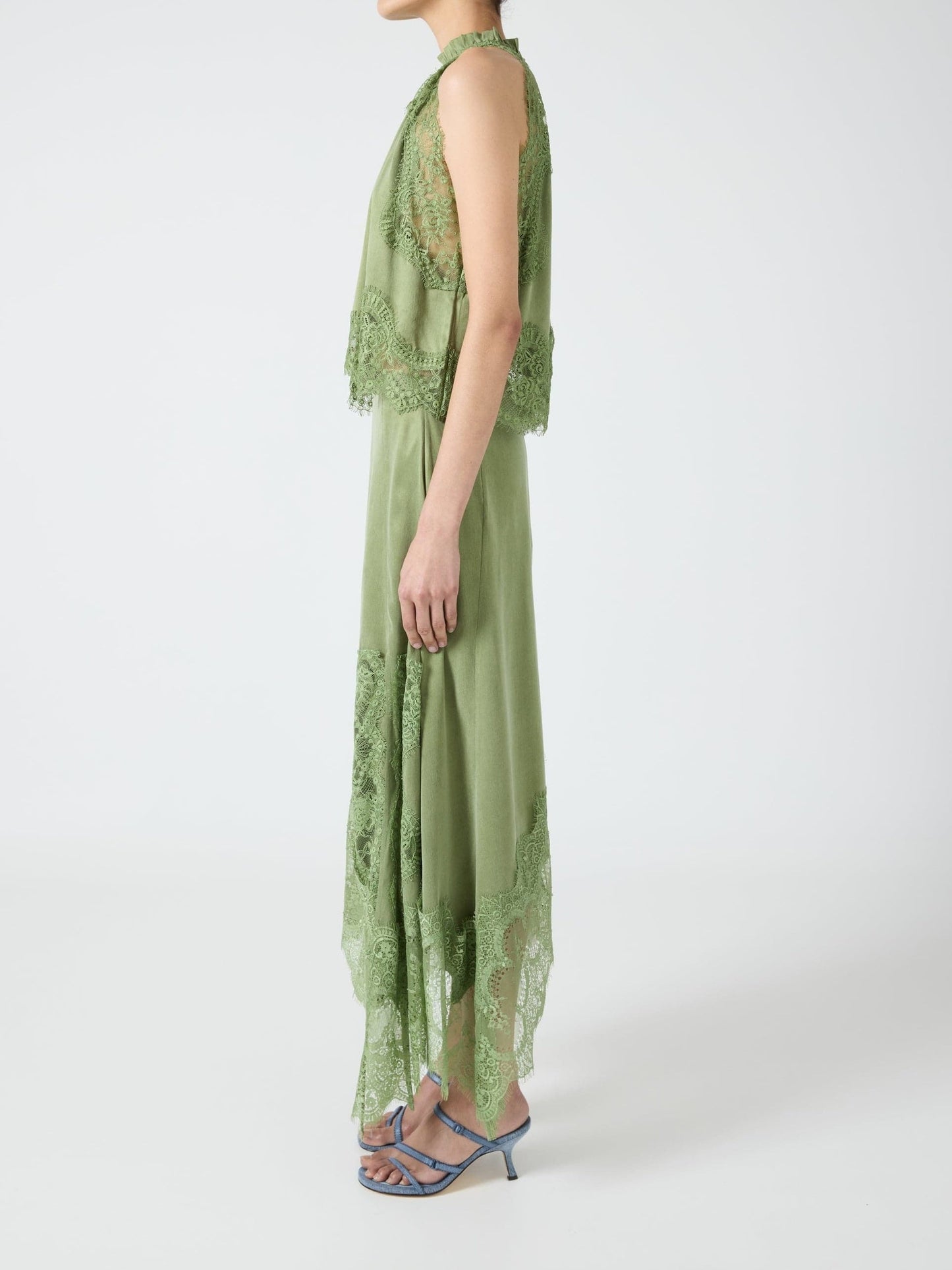 Satin Lace Trim Pleated Neck Top And A-line Irregular Slit Skirt Set