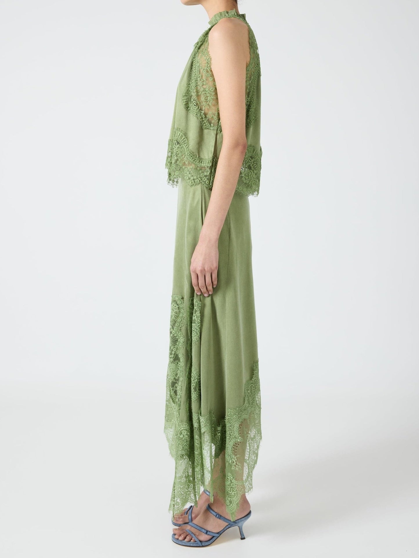 Satin Lace Trim Pleated Neck Top And A-line Irregular Slit Skirt Set
