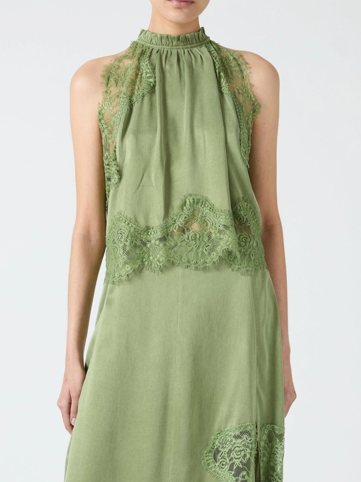 Satin Lace Trim Pleated Neck Top And A-line Irregular Slit Skirt Set