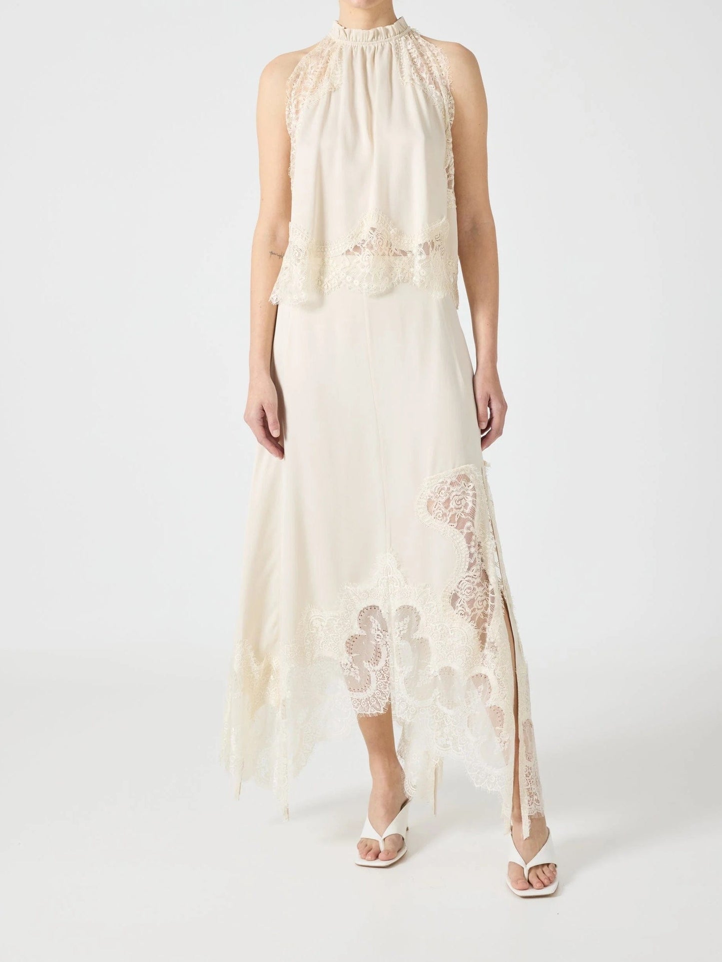 Satin Lace Trim Pleated Neck Top And A-line Irregular Slit Skirt Set