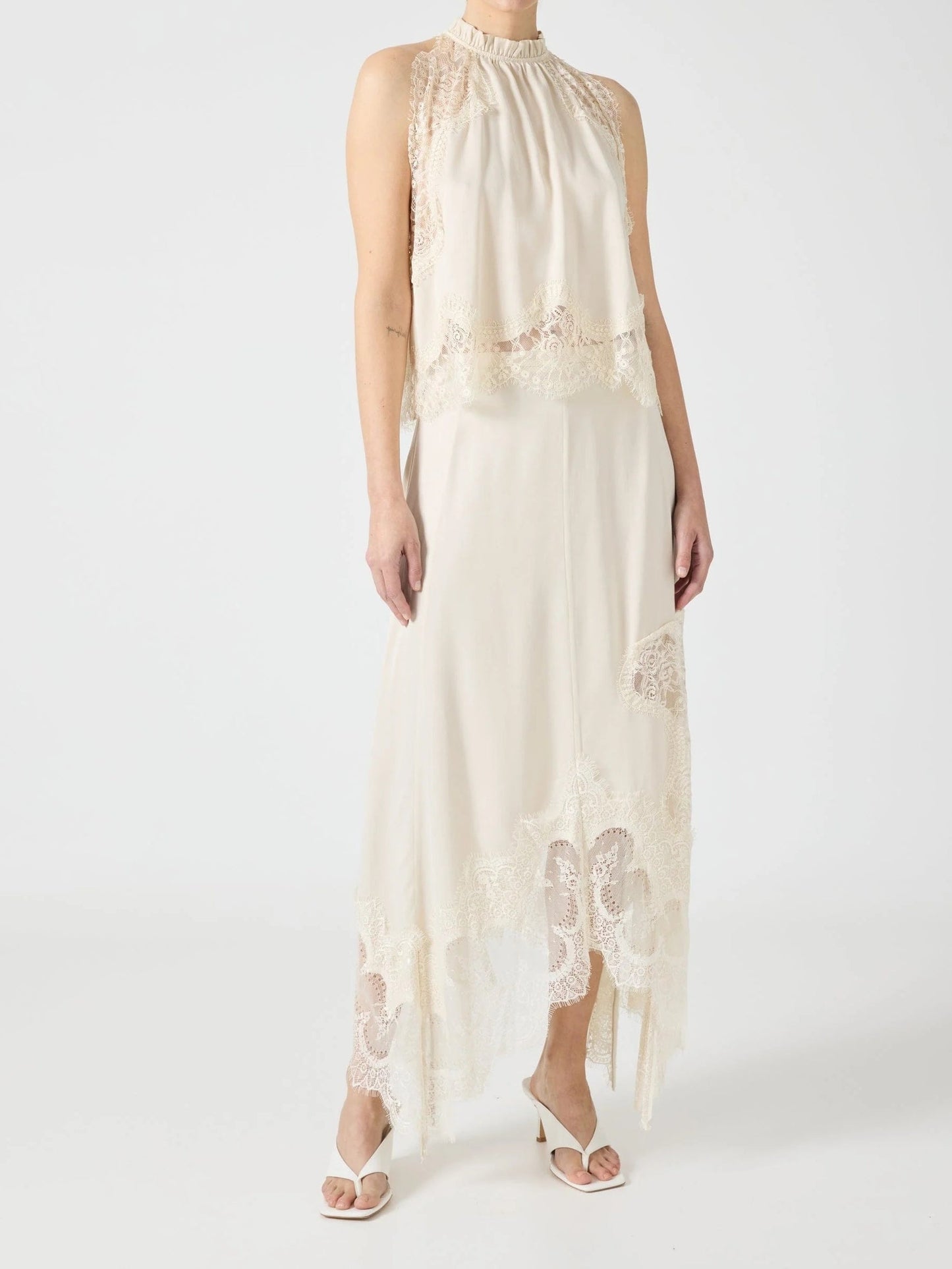 Satin Lace Trim Pleated Neck Top And A-line Irregular Slit Skirt Set