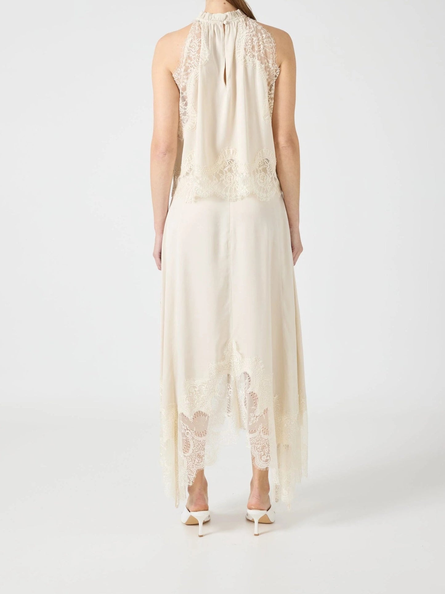 Satin Lace Trim Pleated Neck Top And A-line Irregular Slit Skirt Set