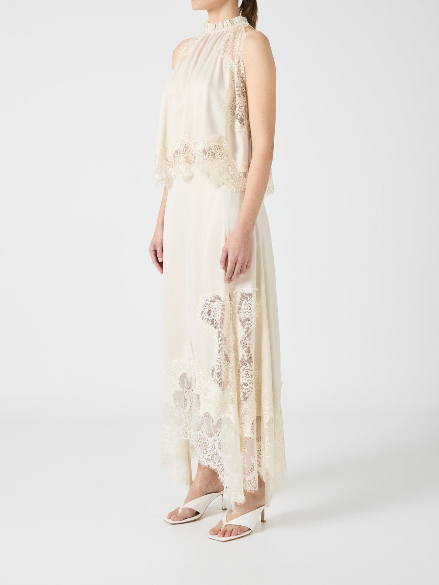 Satin Lace Trim Pleated Neck Top And A-line Irregular Slit Skirt Set