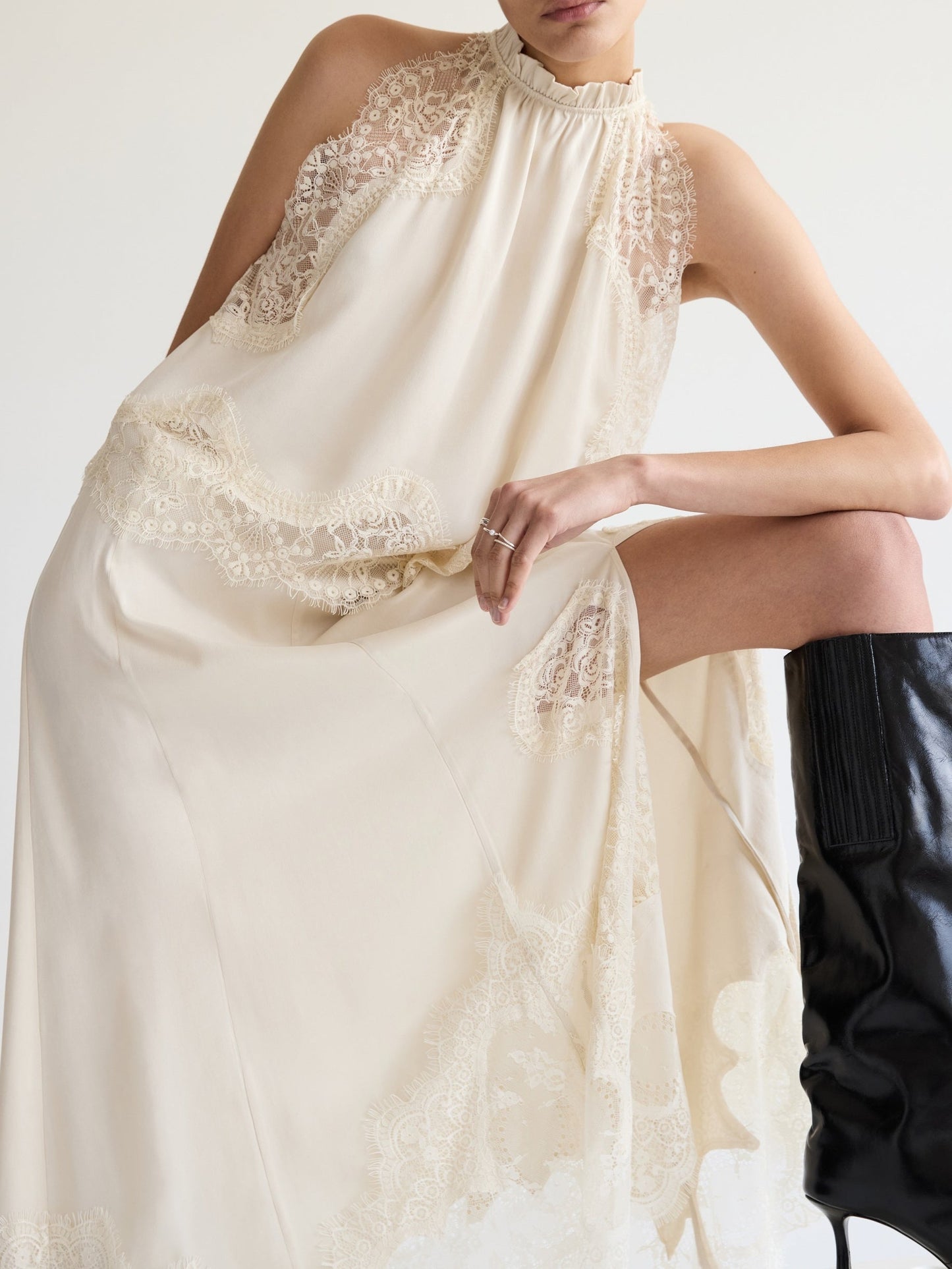 Satin Lace Trim Pleated Neck Top And A-line Irregular Slit Skirt Set