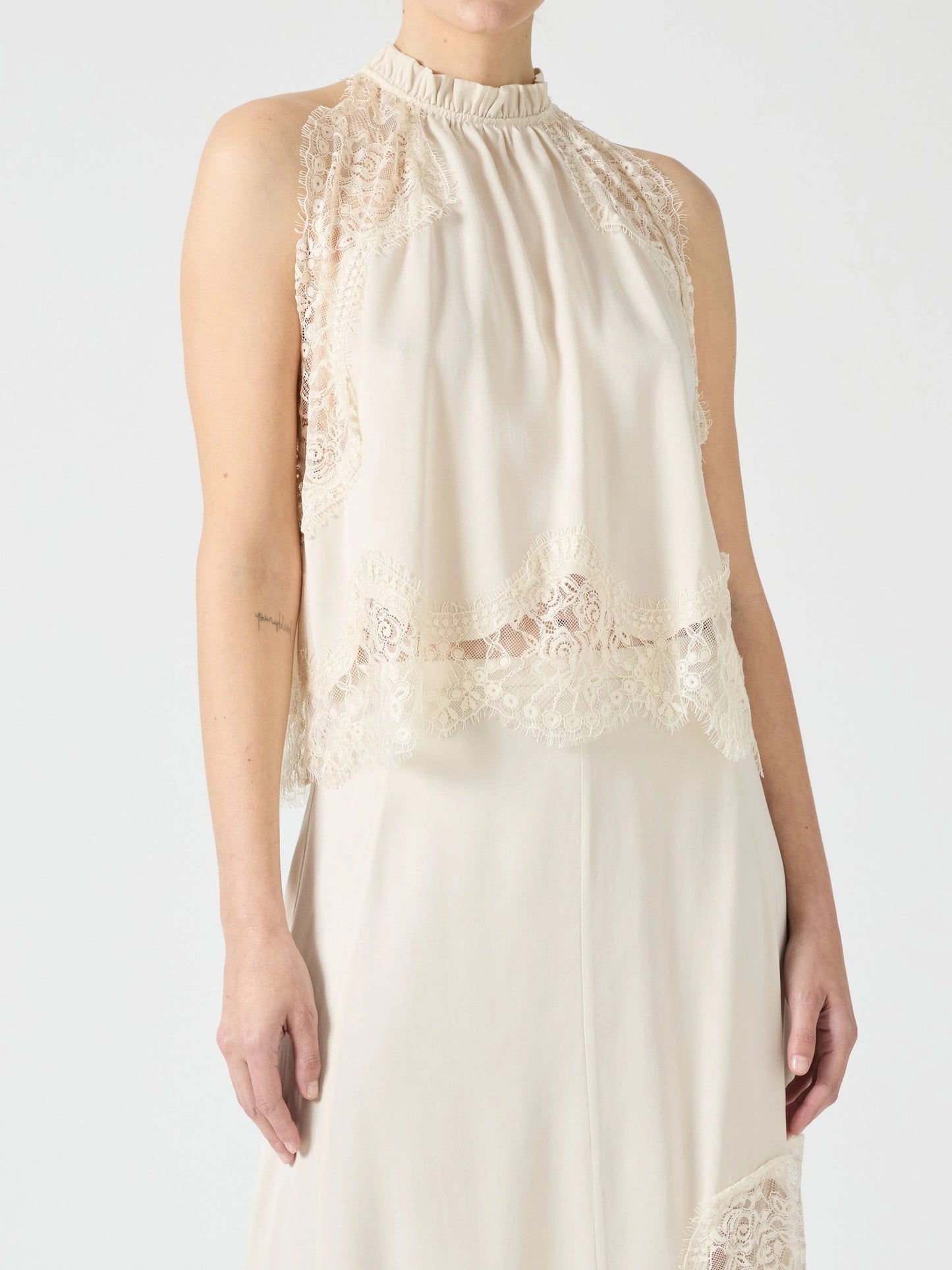 Satin Lace Trim Pleated Neck Top And A-line Irregular Slit Skirt Set