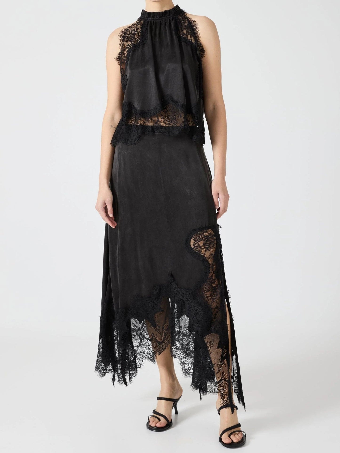 Satin Lace Trim Pleated Neck Top And A-line Irregular Slit Skirt Set