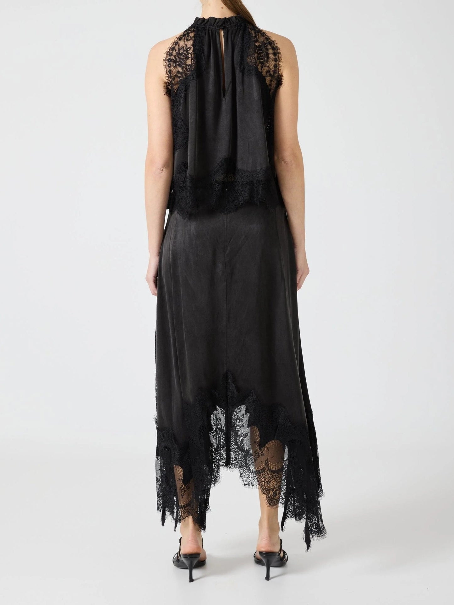 Satin Lace Trim Pleated Neck Top And A-line Irregular Slit Skirt Set