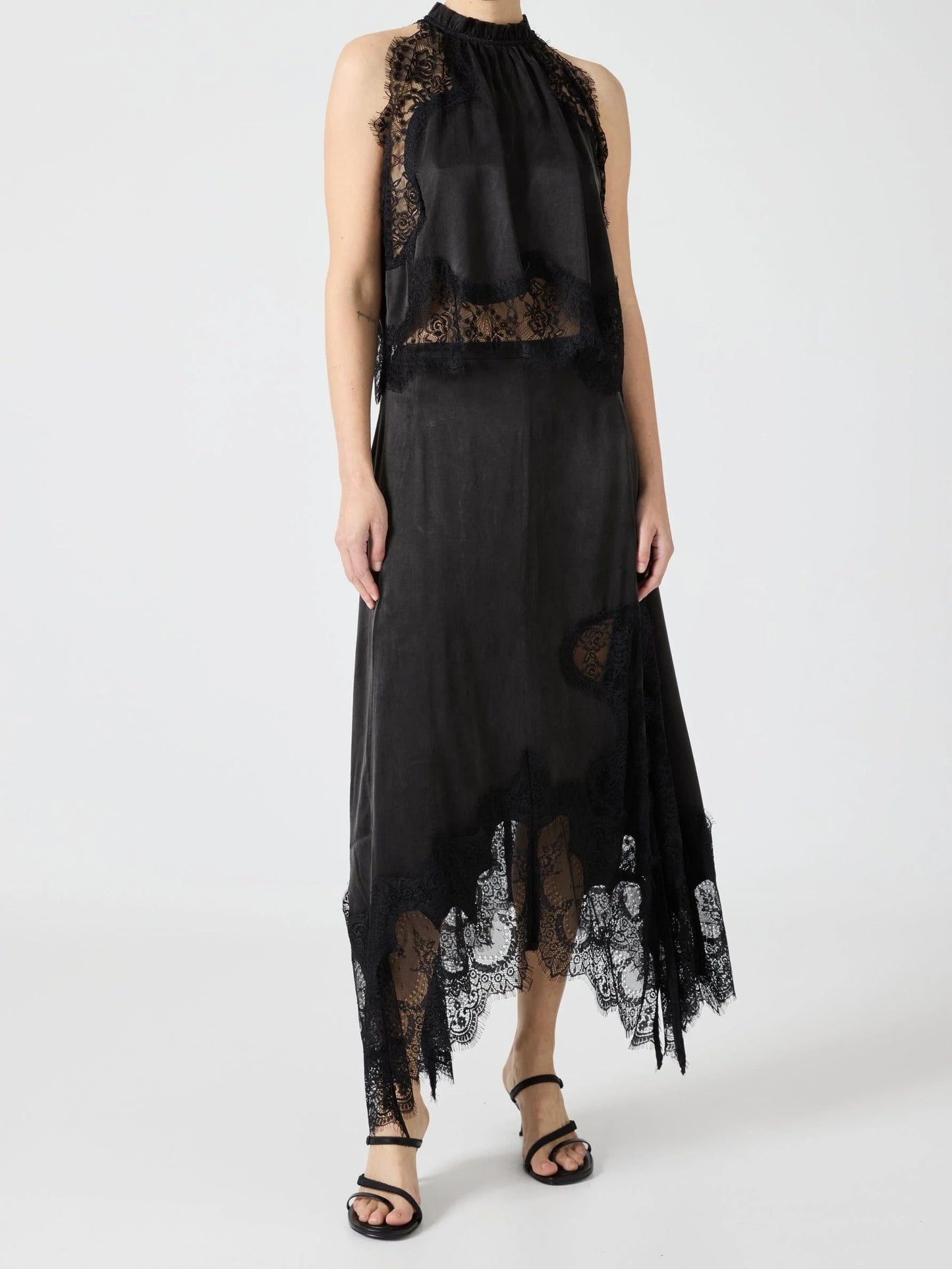 Satin Lace Trim Pleated Neck Top And A-line Irregular Slit Skirt Set
