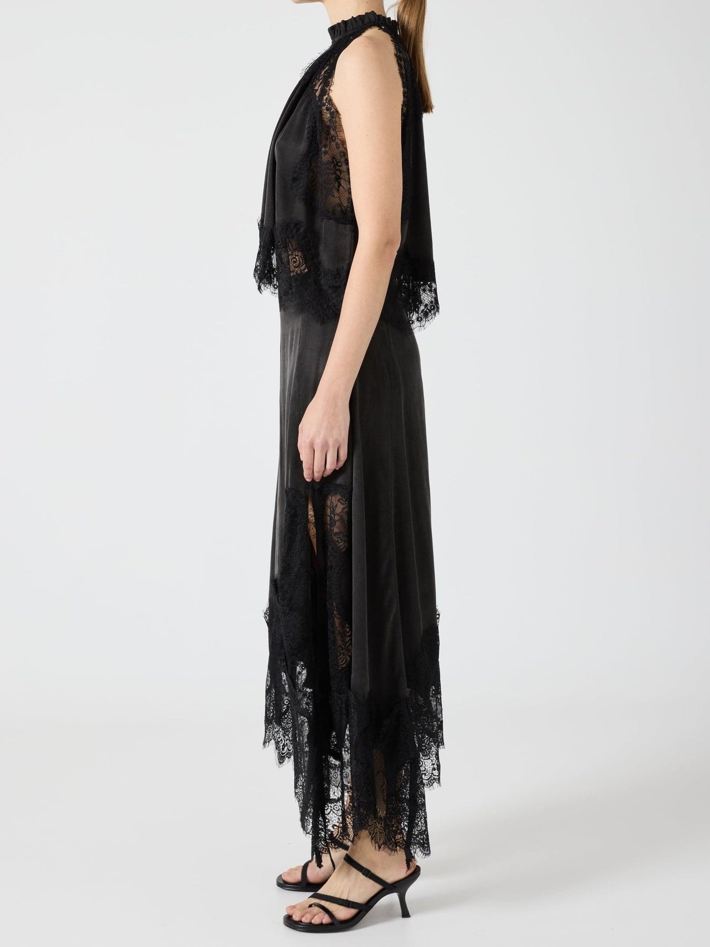 Satin Lace Trim Pleated Neck Top And A-line Irregular Slit Skirt Set