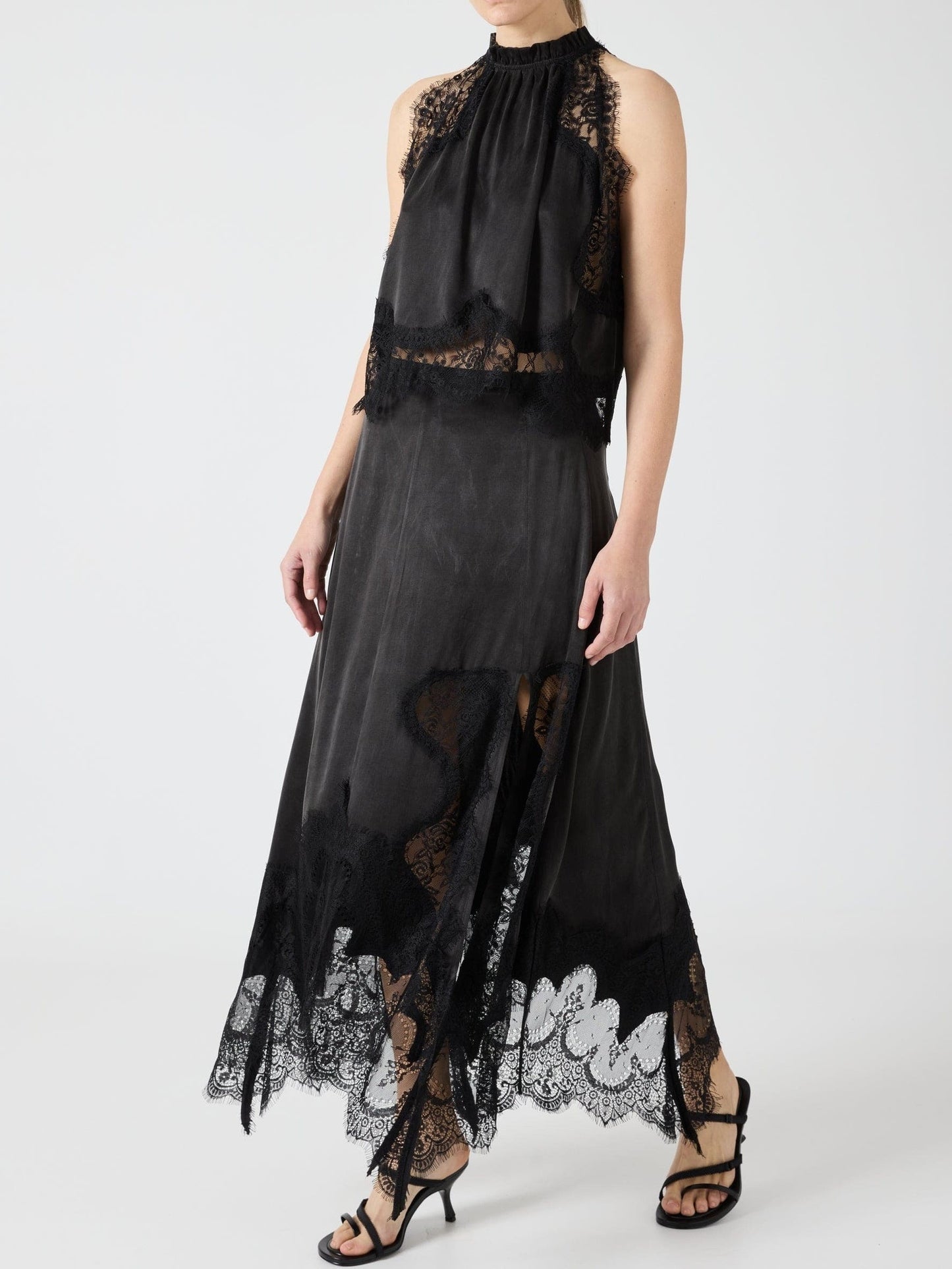 Satin Lace Trim Pleated Neck Top And A-line Irregular Slit Skirt Set
