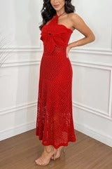 Crochet Knit Oversized Flower Design Halter Texture Maxi Dress