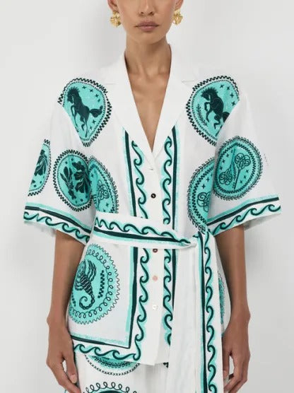 Unique Pattern Printed Short-sleeved Lace-up Shirt And Elastic Waist Wide-leg Pants