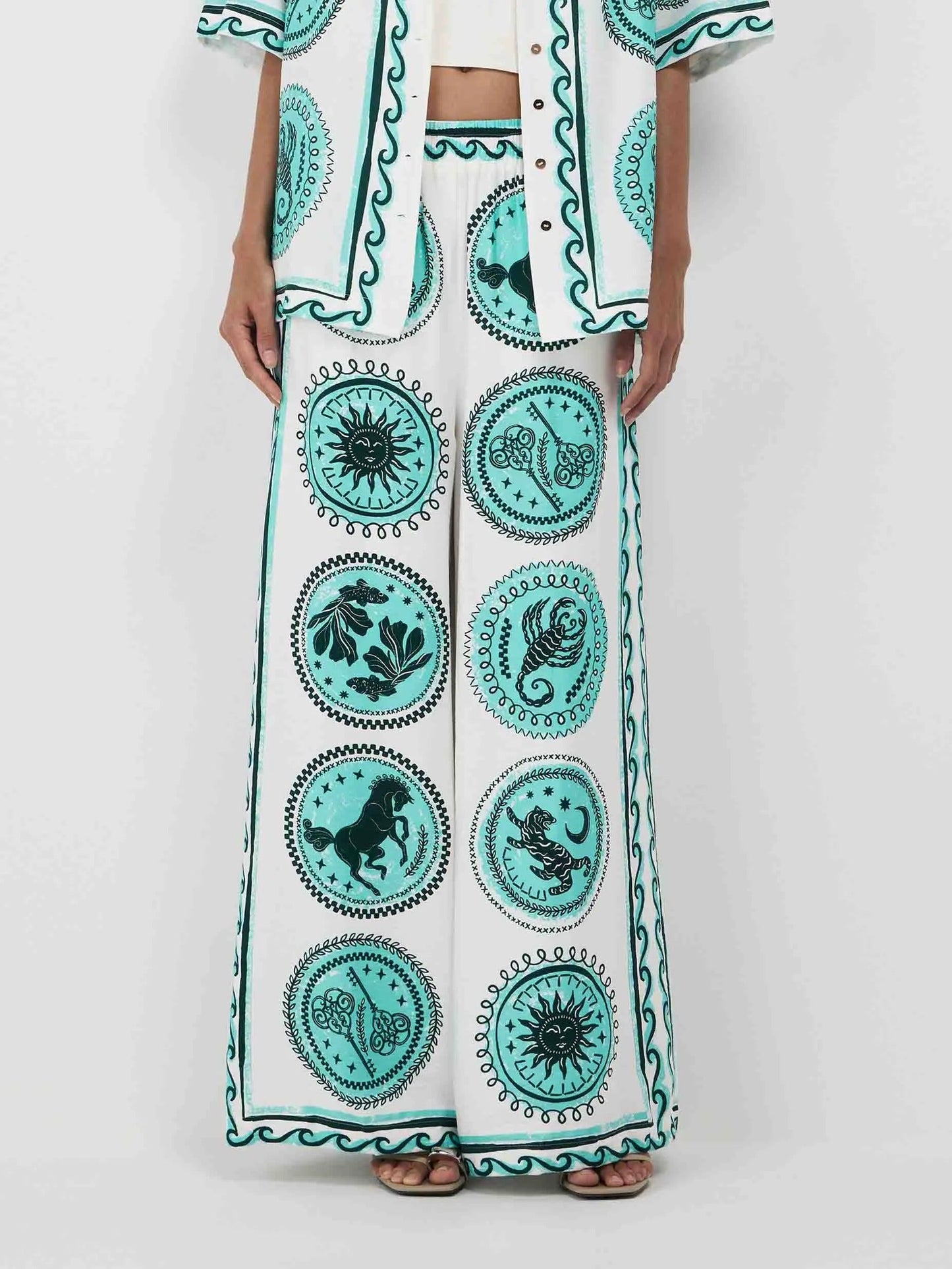 Unique Pattern Printed Short-sleeved Lace-up Shirt And Elastic Waist Wide-leg Pants