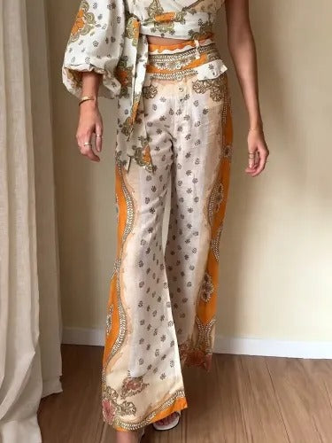 Exquisite Ethnic Style Floral Print One-shoulder Sleeve Top And Flared Pants