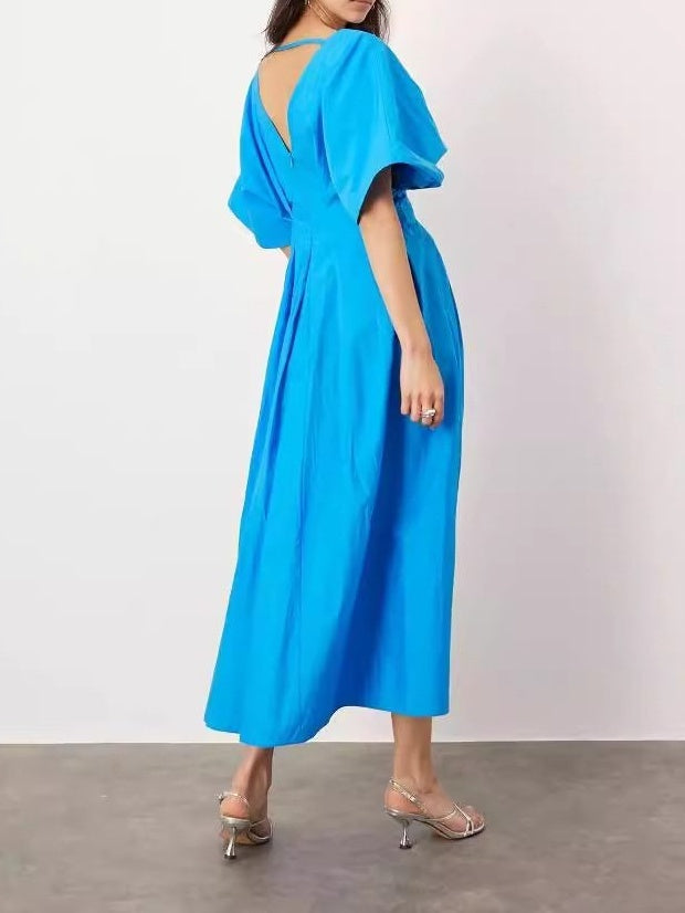 Blue Color V Neck Pleated Loose Elegant Socialite Dress
