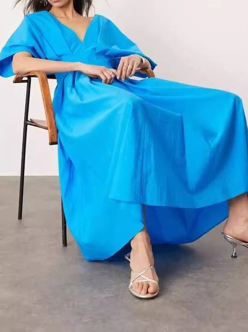Blue Color V Neck Pleated Loose Elegant Socialite Dress