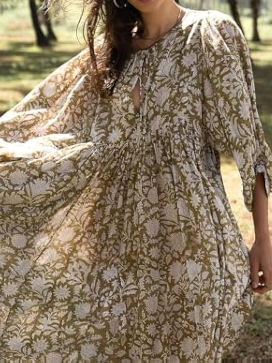 Collar Boho Puff Sleeve Loose Midi Beach Dress