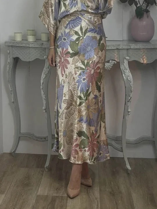 Exquisite Satin Floral Print Off-shoulder Shirt And Fishtail Skirt