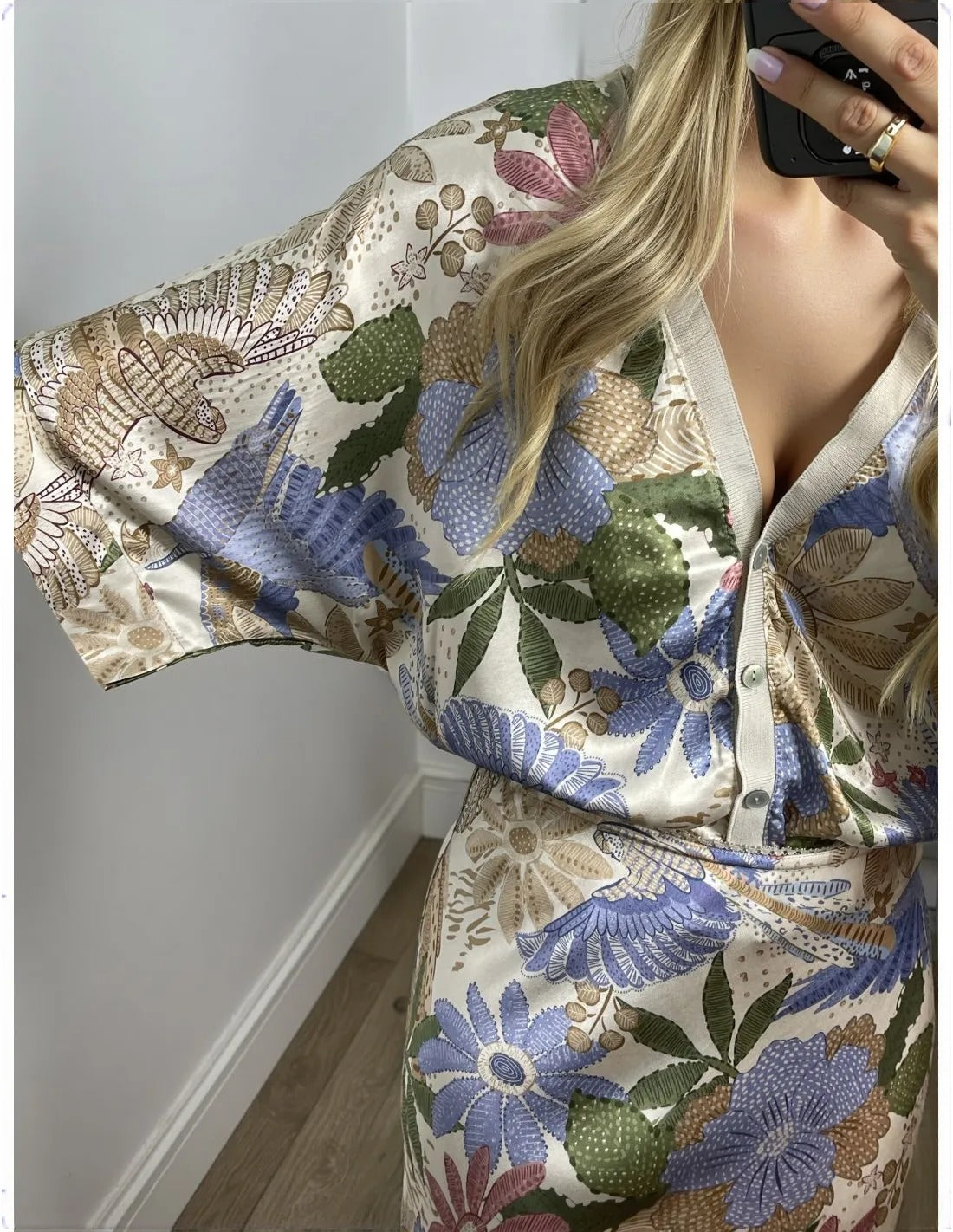 Exquisite Satin Floral Print Off-shoulder Shirt And Fishtail Skirt