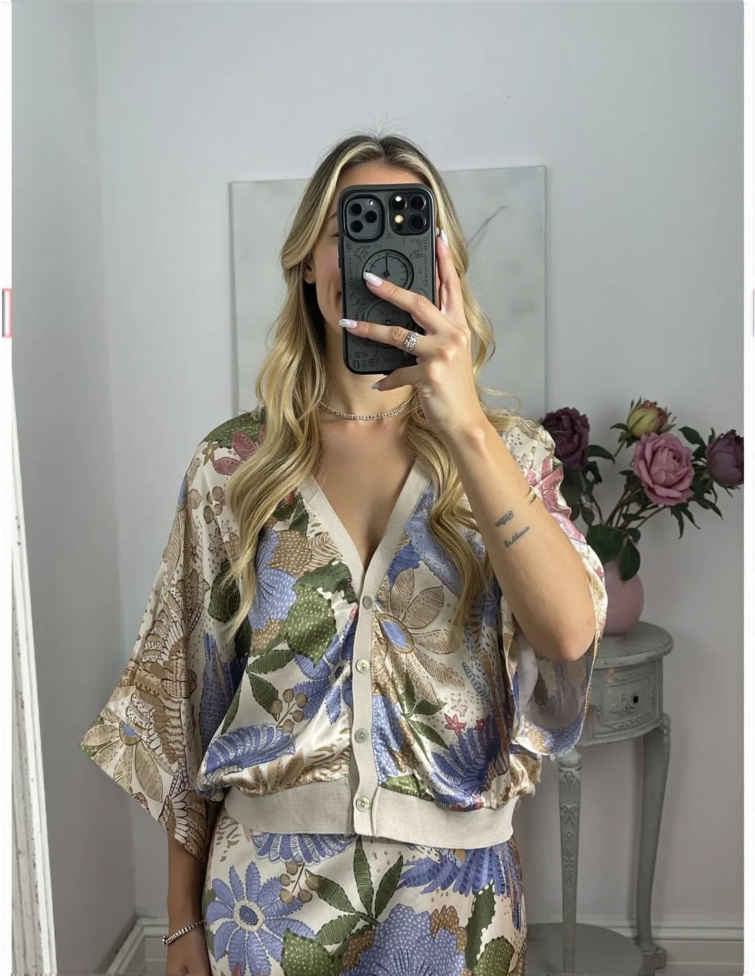 Exquisite Satin Floral Print Off-shoulder Shirt And Fishtail Skirt