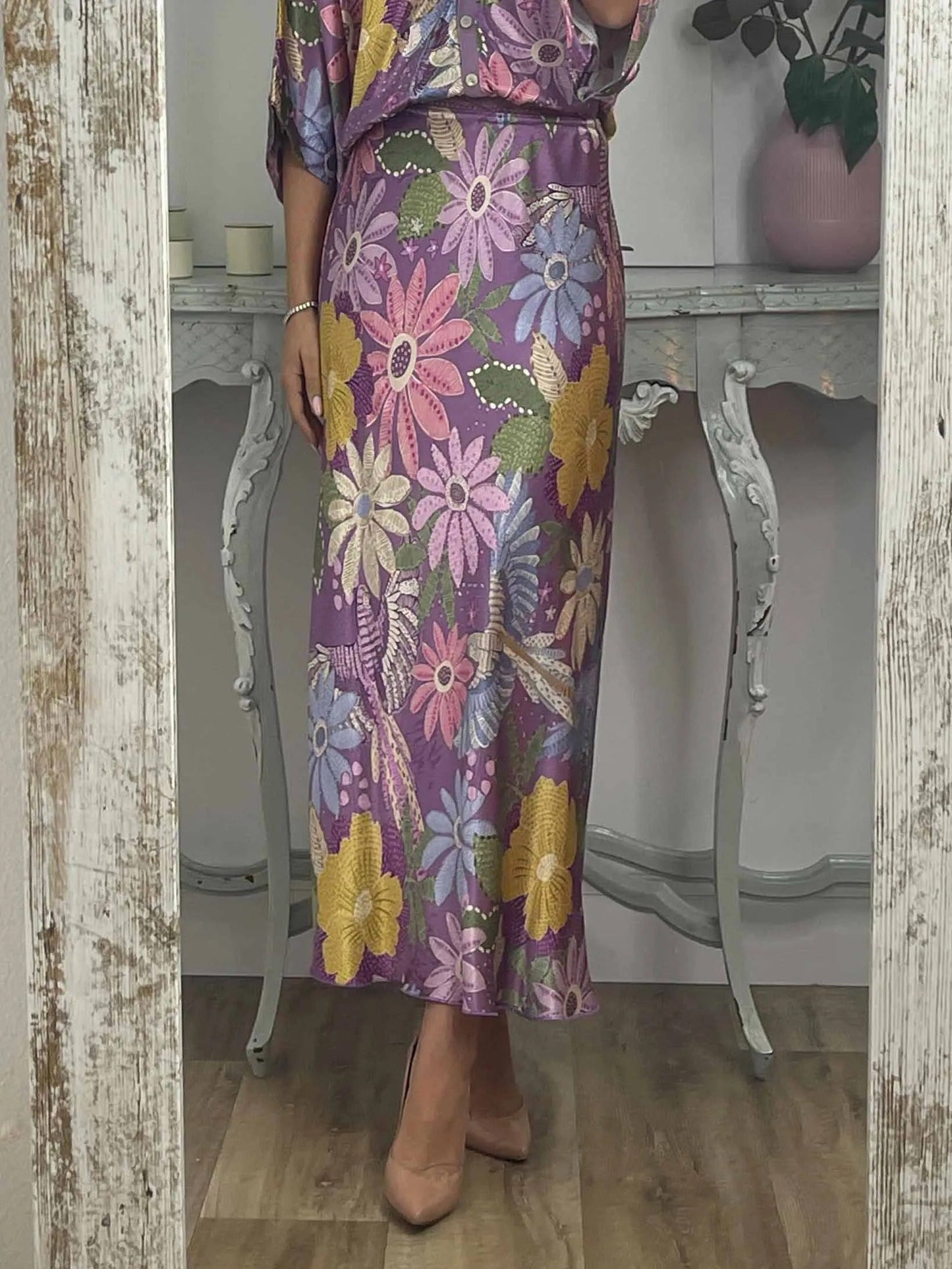 Exquisite Satin Floral Print Off-shoulder Shirt And Fishtail Skirt