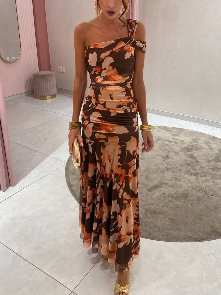 Elegant One-Shoulder Fuchsia Floral Maxi Dress