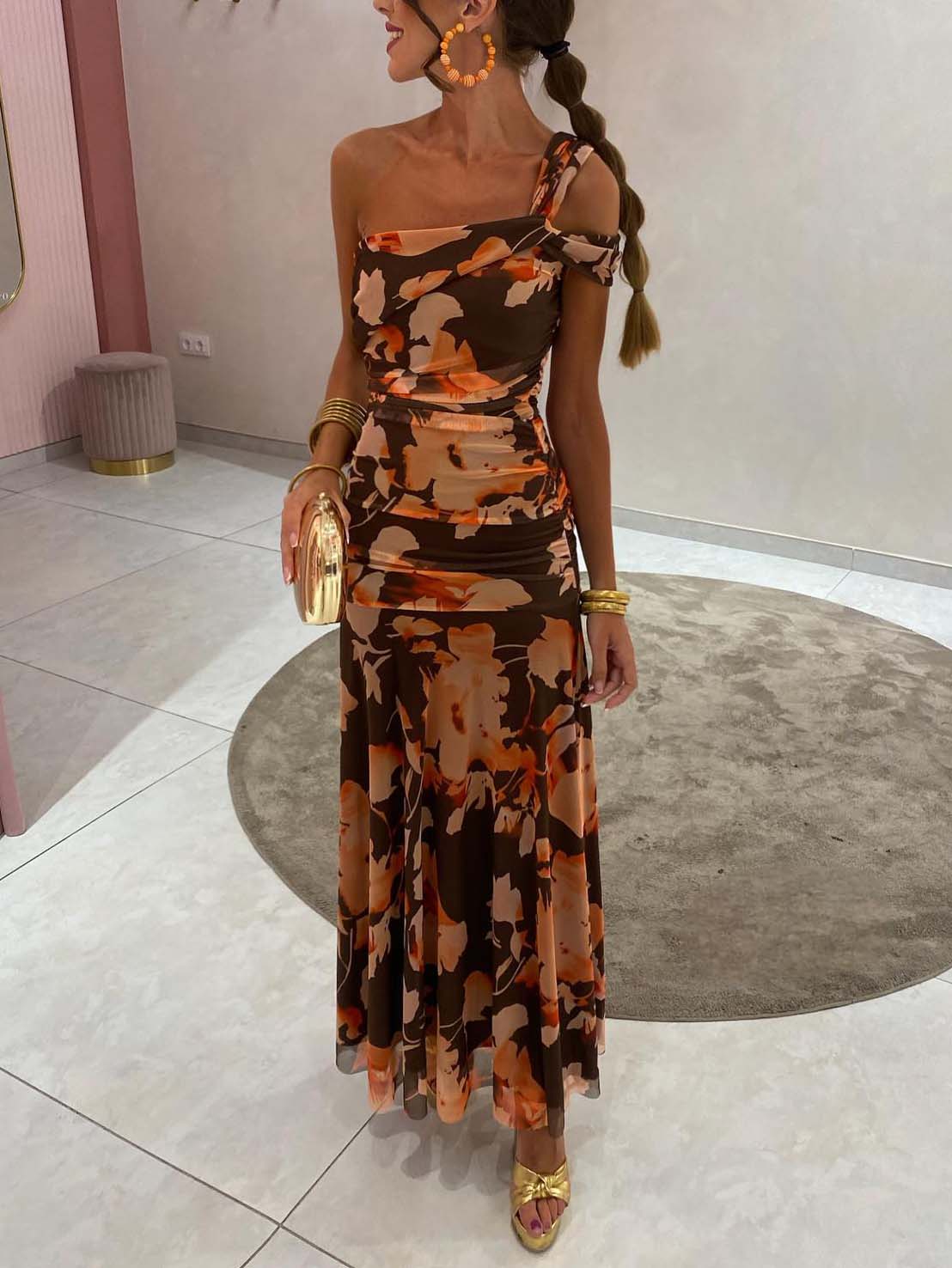 Elegant One-Shoulder Fuchsia Floral Maxi Dress