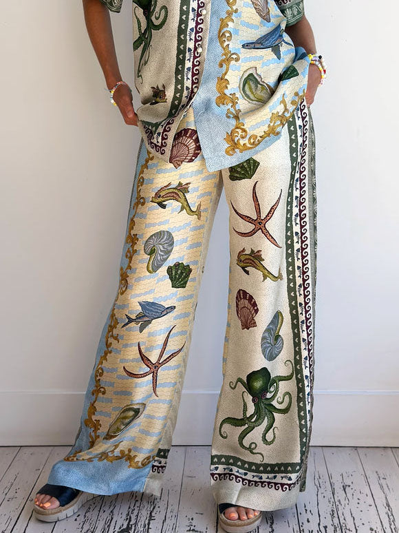 Unique Deep Sea Floral Print Loose Shirt And Loose Wide-leg Pants