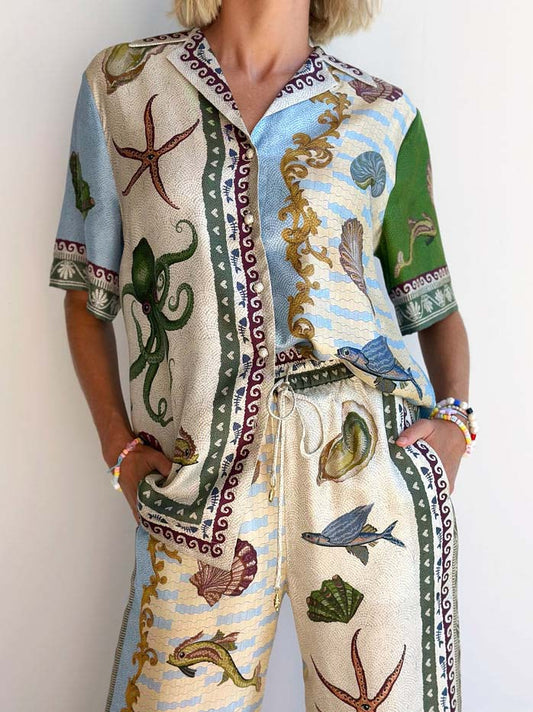 Unique Deep Sea Floral Print Loose Shirt And Loose Wide-leg Pants