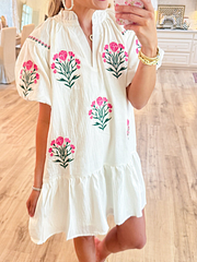 Cream Floral Bubble Sleeve Dress
