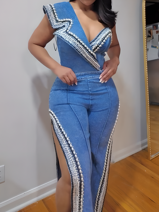 Luxurious Denim Asymmetrical Pearl Bodysuit+Side Slits Denim Pant