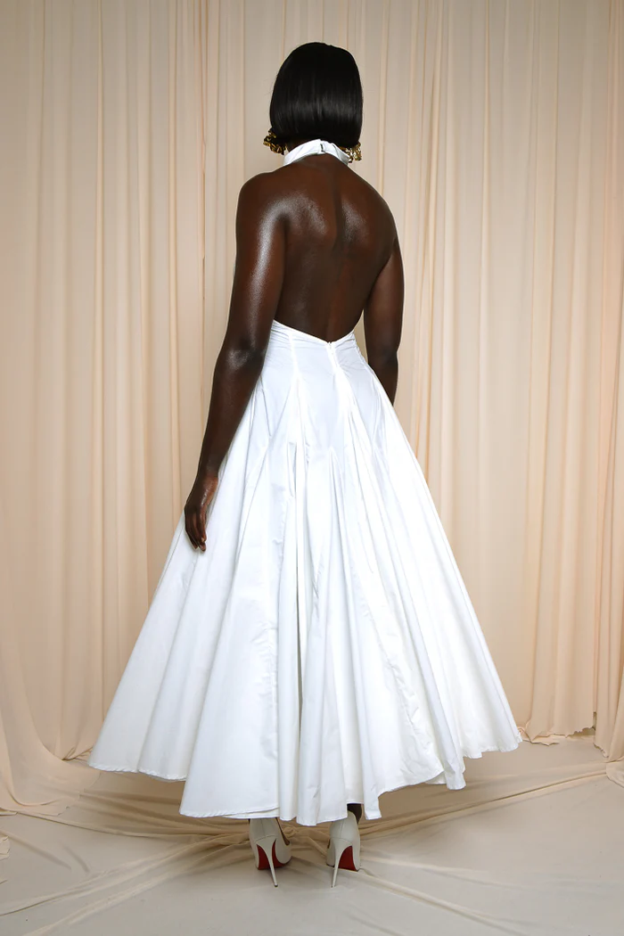 DENIM BACKLESS MIDI DRESS IN WHITE