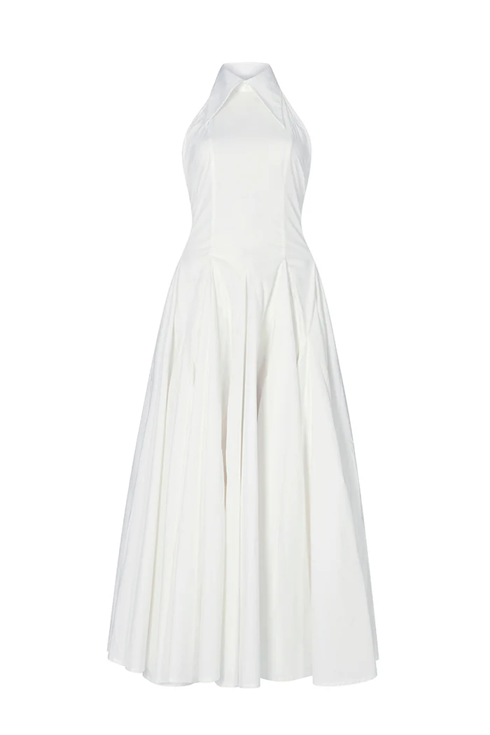 DENIM BACKLESS MIDI DRESS IN WHITE