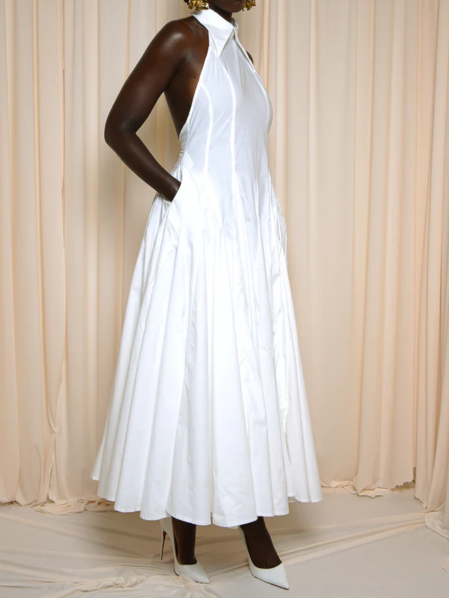 DENIM BACKLESS MIDI DRESS IN WHITE