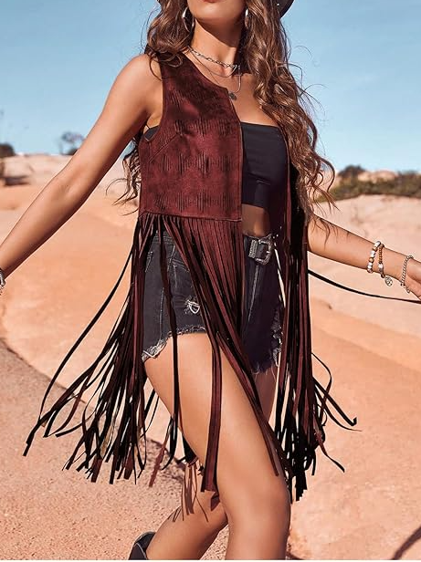 Hippie Faux Suede Trim Western Cowgirl Tassel Jacket Cardigan.