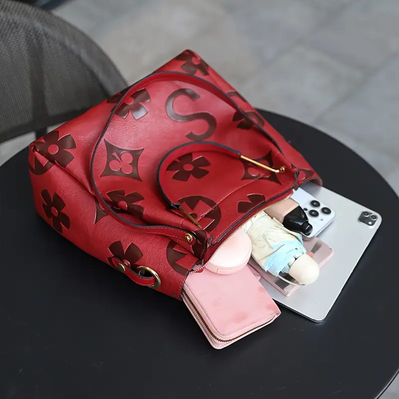 Floral Embossed Leather Satchel Handbag