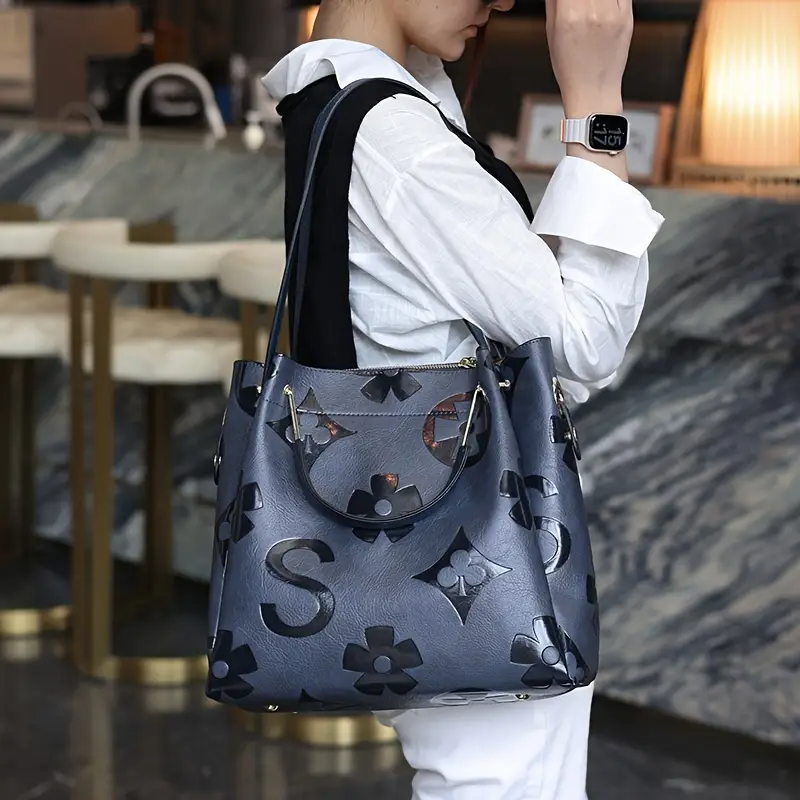 Floral Embossed Leather Satchel Handbag