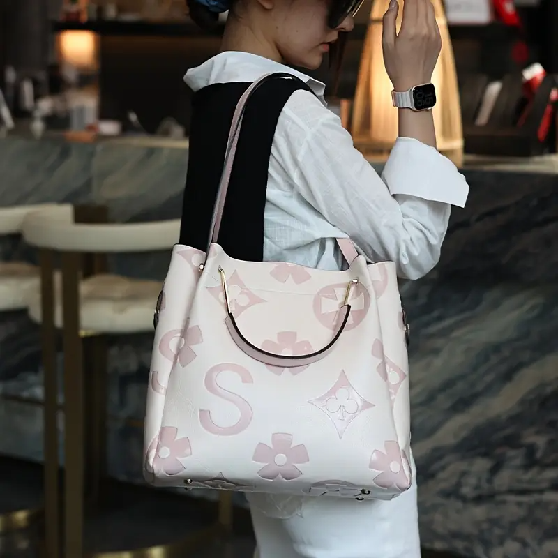 Floral Embossed Leather Satchel Handbag