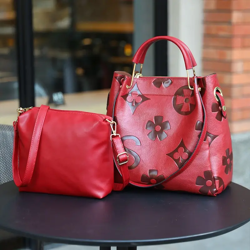 Floral Embossed Leather Satchel Handbag