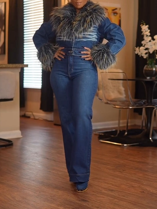 FUR TRIM JACKET & DENIM JEANS