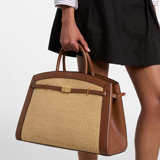Leather-trimmed Raffia Tote Bag