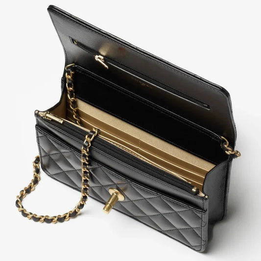 Wallet On Chain Shiny Lambskin Pearls Gold Tone Metal