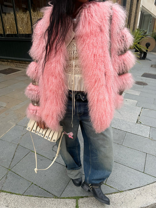 Pink Mongolian Curly Shearling Coat