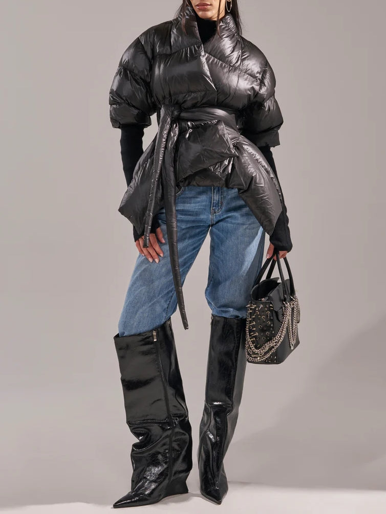 RIB SLEEVE PEPLUM PUFFER IN BURGUNDY