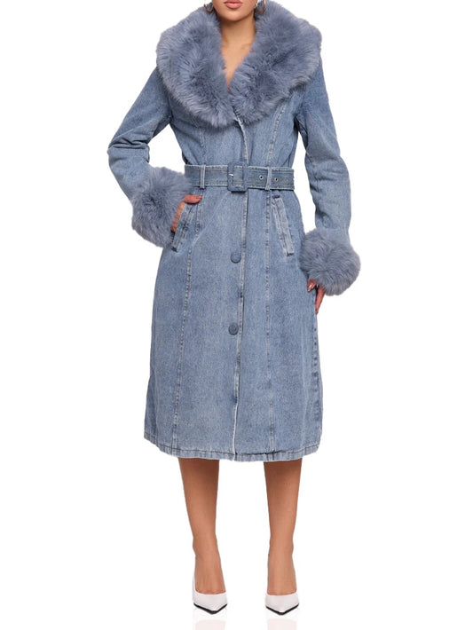 Denim Faux Fur Trim Coat