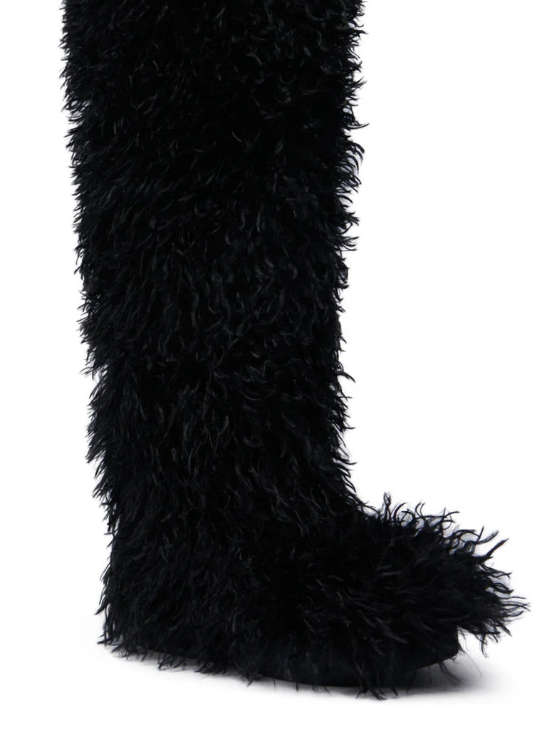 BLACK POODLE FAUX FUR OVER THE KNEE BOOT