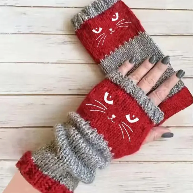 Cute Women's Knitted Cat Gloves - For Warm Hands & Free Fingers